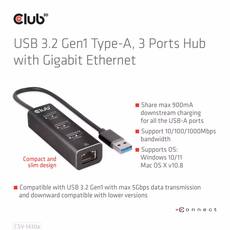 Club 3D CSV-1430A 4-i-1 USB 3.2 Gen 1-hubb med 3 × USB-A och Gigabit Ethernet Svart