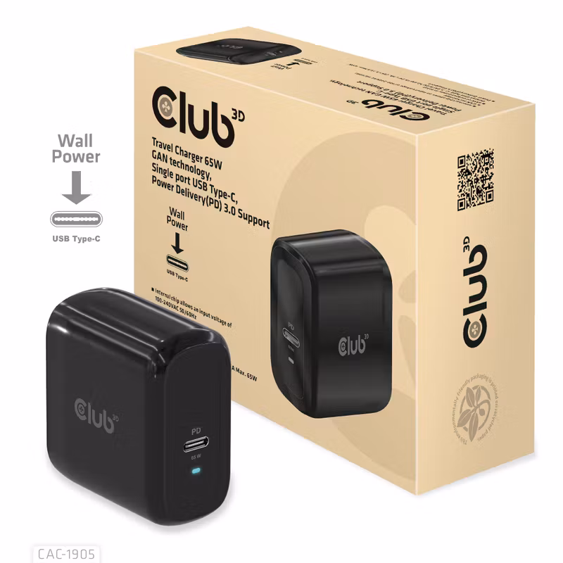Club 3D CAC-1905EU 65 W GaN USB-C-laddare PD 3.0 PPS Black