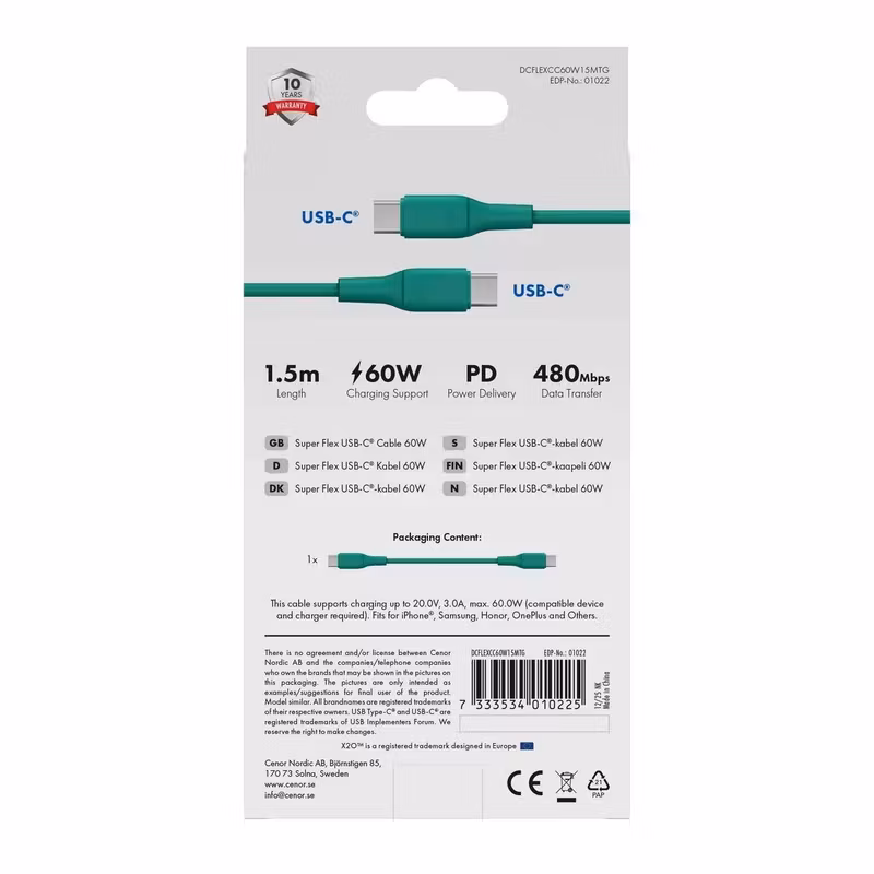 X2O Superflex USB-C till USB-C-kabel 60 W 1,5 m Turkosgrön