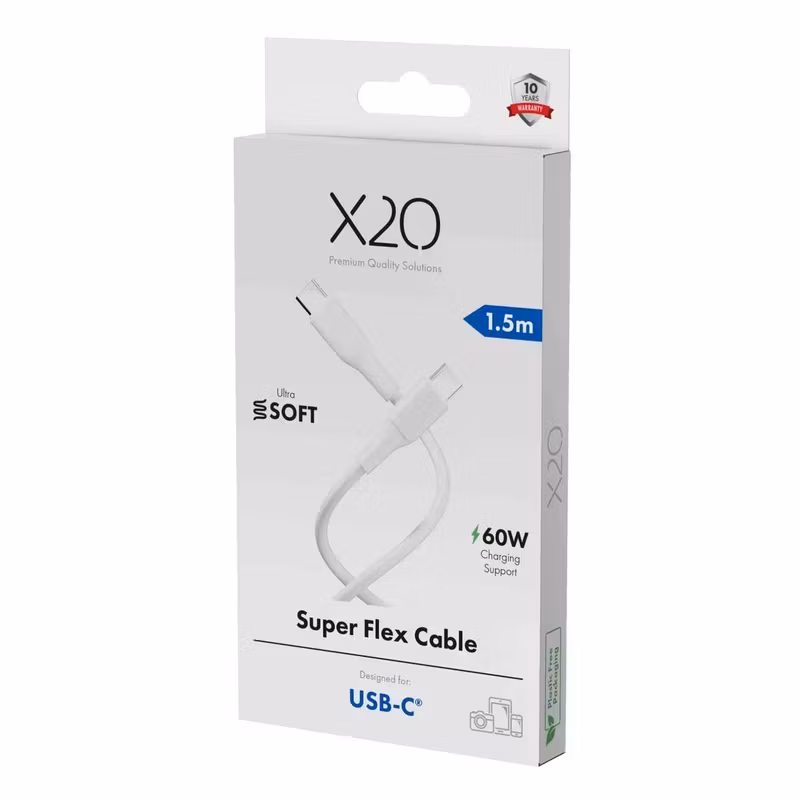 X2O Superflex 60 W USB-C till USB-C-kabel 1,5 m Vit