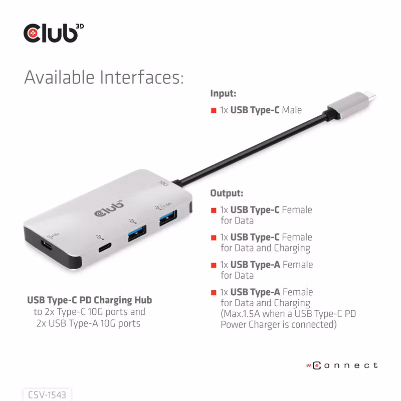 Club 3D CSV-1543 USB-C-hubb 10 Gbps med 2 × USB-C, 2 × USB-A och 100 W PD-laddning Grå