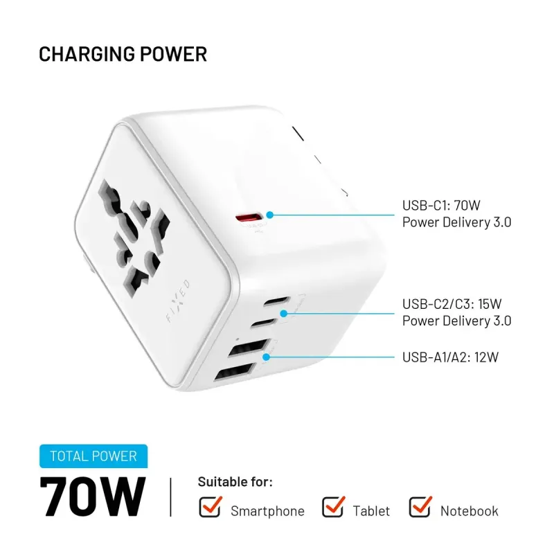 FIXED Voyager 70 W GaN USB-C/USB-A Reseladdare EU/UK/USA/AU Vit