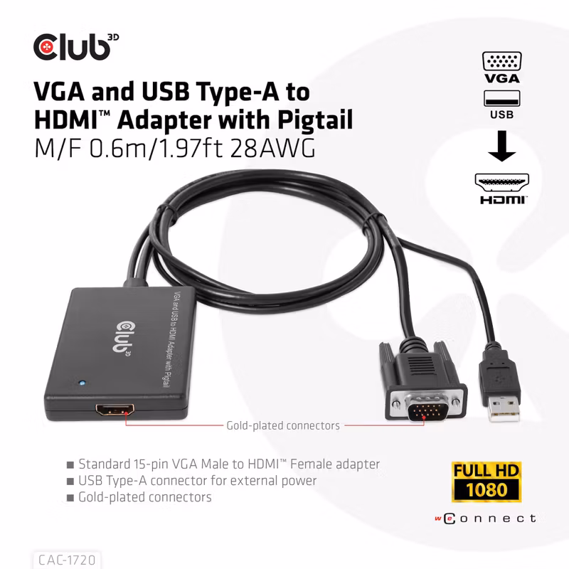 Club 3D CAC-1720 VGA och USB-A till HDMI-adapter 60 cm Svart