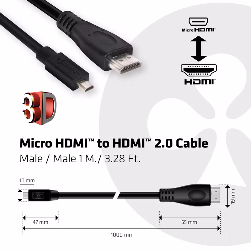 Club 3D CAC-1351 Micro HDMI till HDMI 2.0 4K 60 Hz 1 m Kabel Svart