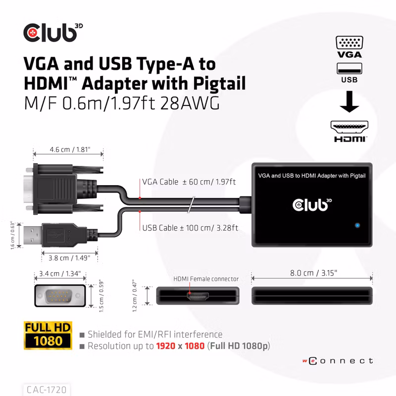 Club 3D CAC-1720 VGA och USB-A till HDMI-adapter 60 cm Svart