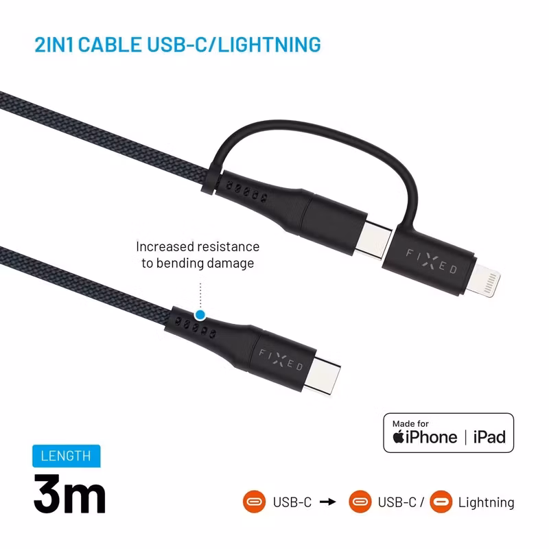 FIXED 2in1 Combo 60 W USB-C till USB-C 3 m Laddnings- och datakabel med Lightning-adapter Svart