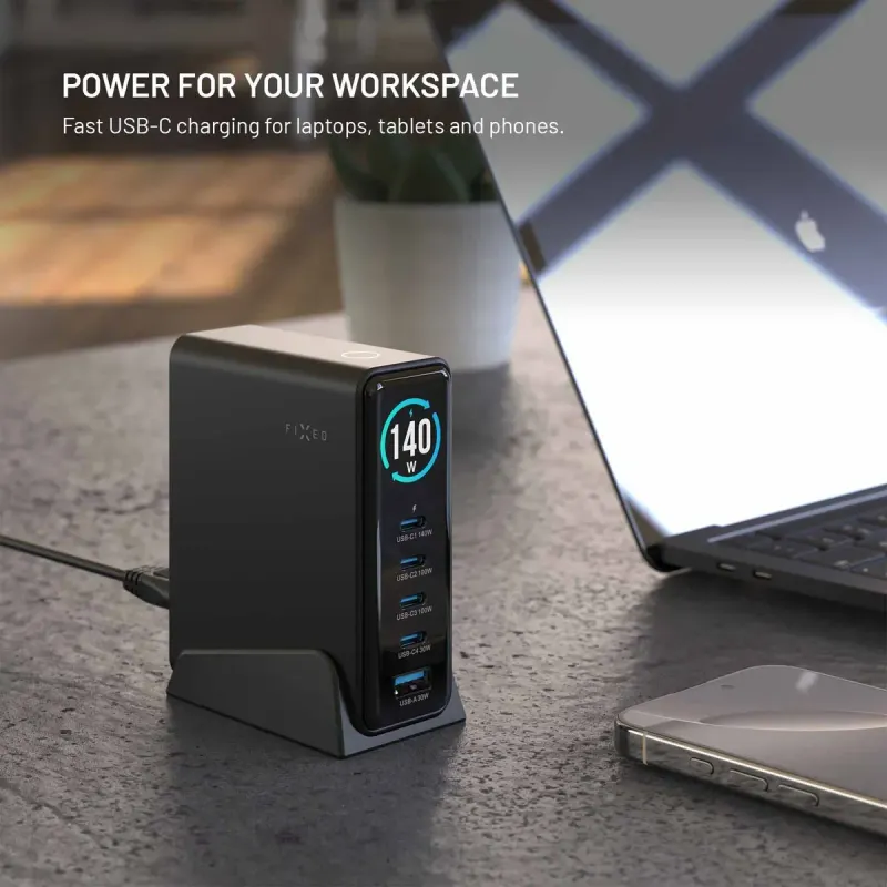 FIXED FIXCG140D-4C1A-BK 140 W GaN Bordsladdare med display 4 × USB-C och USB-A Black