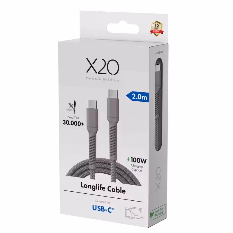 X2O Longlife 100 W USB-C till USB-C-kabel 2 m Titangrå