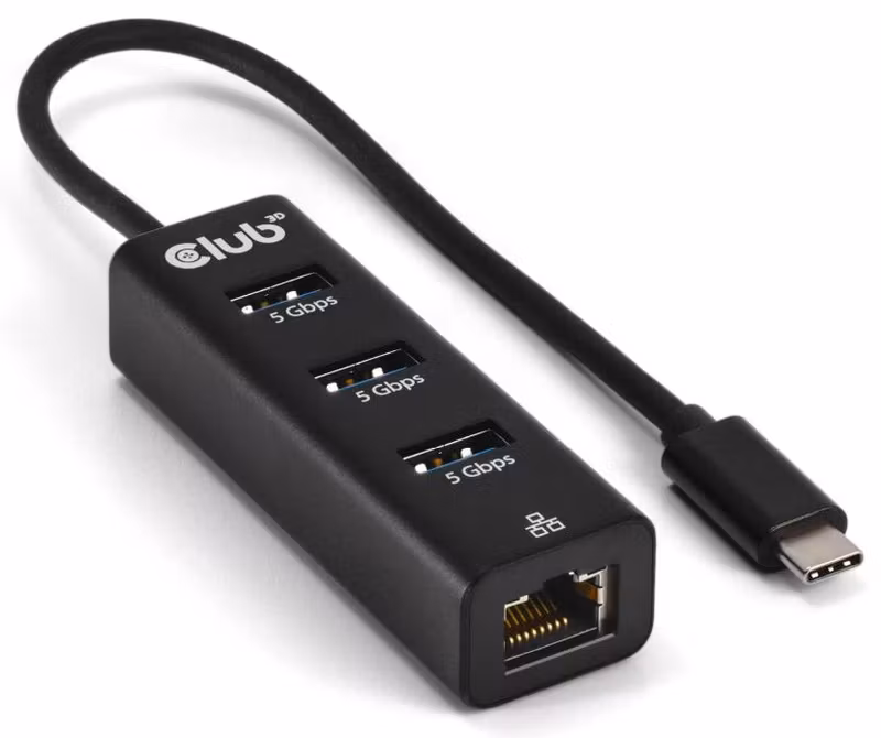 Club 3D CSV-1549 USB-C-hubb med 3 × USB-A och Gigabit Ethernet Svart
