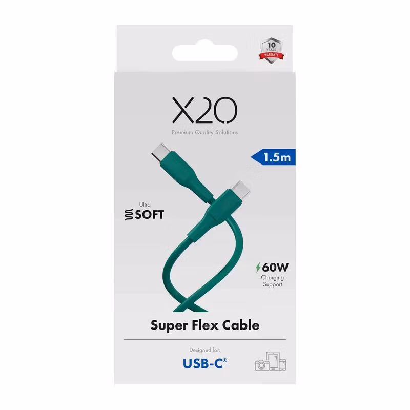 X2O Superflex USB-C till USB-C-kabel 60 W 1,5 m Turkosgrön