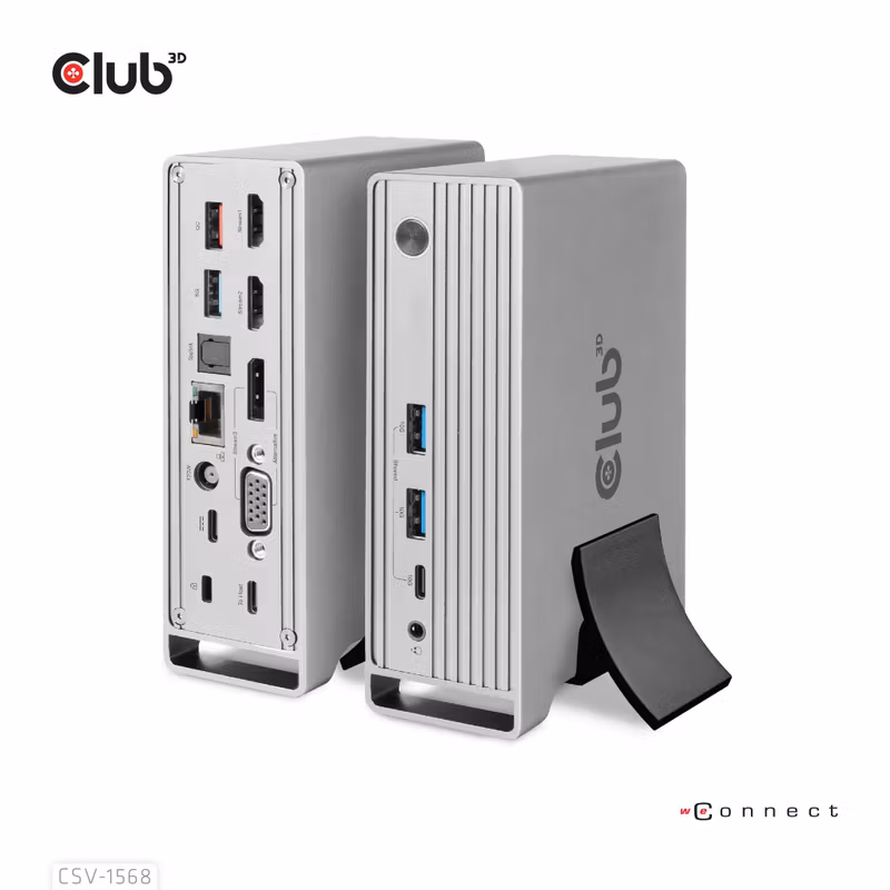 Club 3D CSV-1568 USB-C-dockningsstation 10 Gbit/s för tre skärmar med 120 W nätadapter Grey