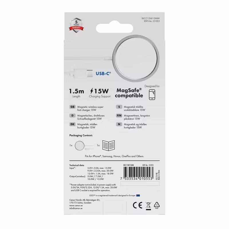 X2O 15 W Trådlös MagSafe-laddningskabel USB-C 1,5 m Vit