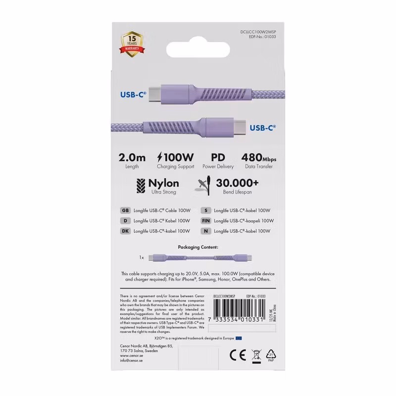 X2O Longlife 100 W USB-C till USB-C-kabel 2 m Lavendel