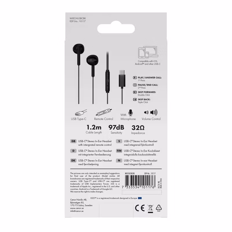 X2O USB-C Capsule In-ear-headset 1,2 m Svart