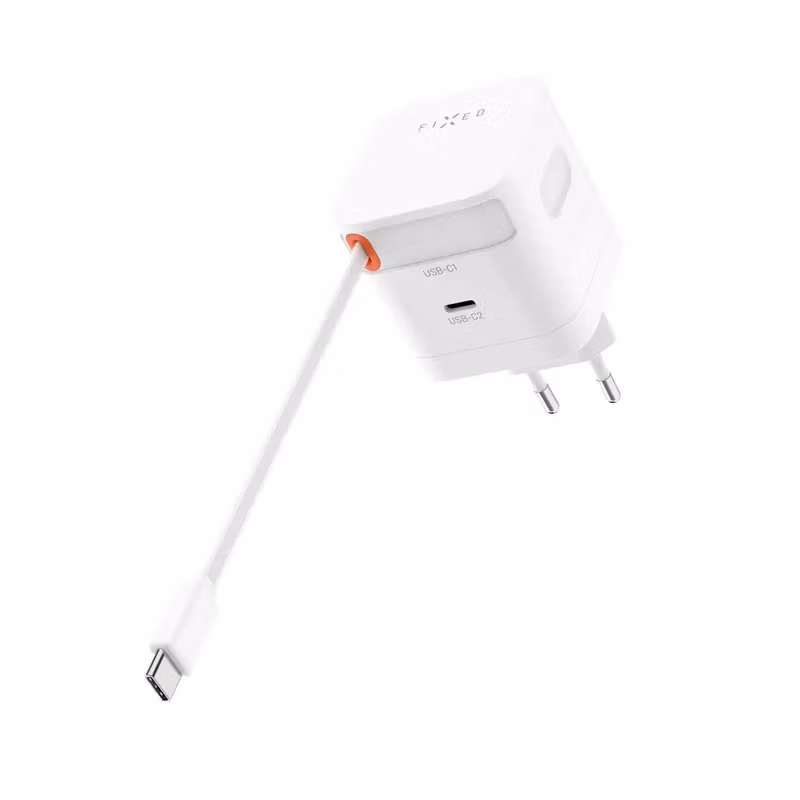 FIXED FIXCG65R-2C-WH 65 W GaN USB-C-laddare med 2 portar och utdragbar kabel Vit