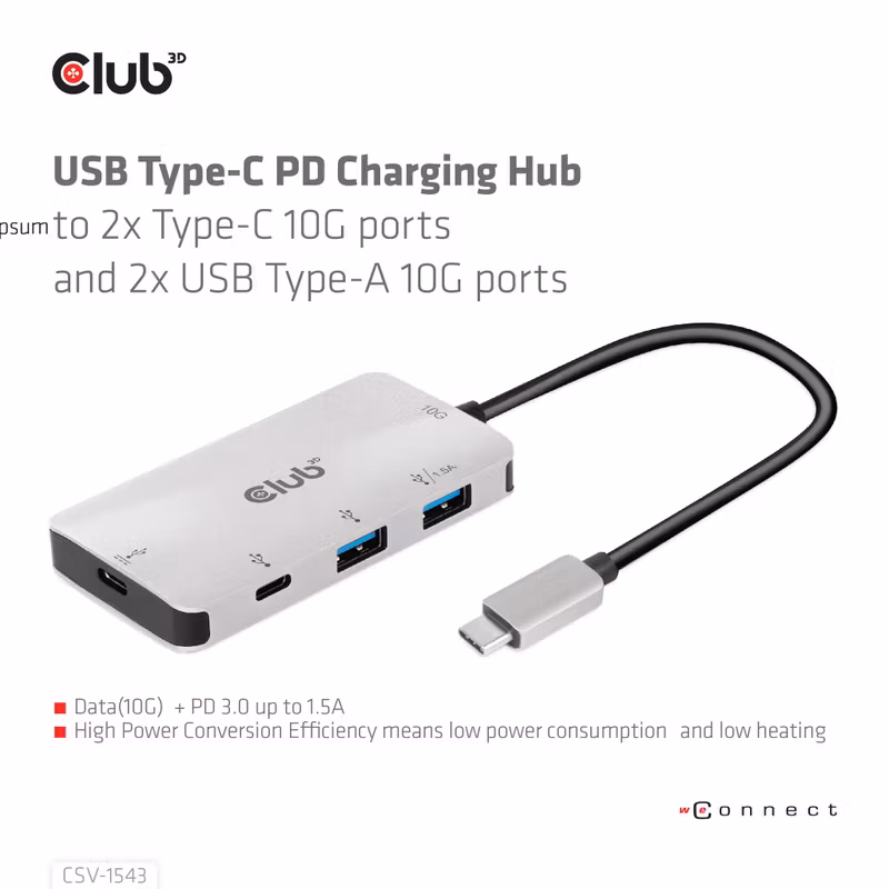 Club 3D CSV-1543 USB-C-hubb 10 Gbps med 2 × USB-C, 2 × USB-A och 100 W PD-laddning Grå