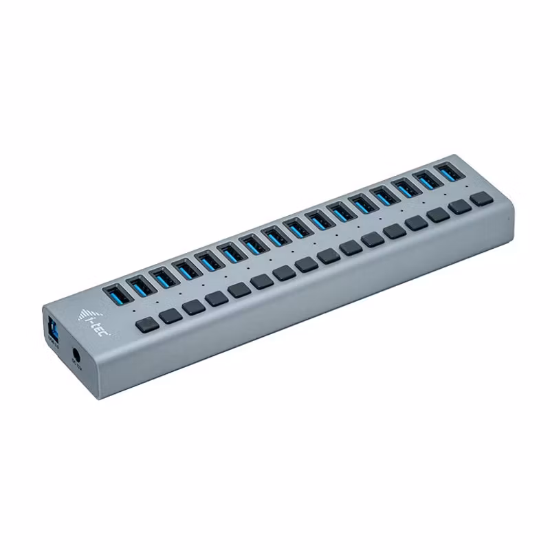 i-tec U3CHARGEHUB16 USB 3.2 Gen 1-hubb 16 portar med laddning och 90 W nätadapter Grå