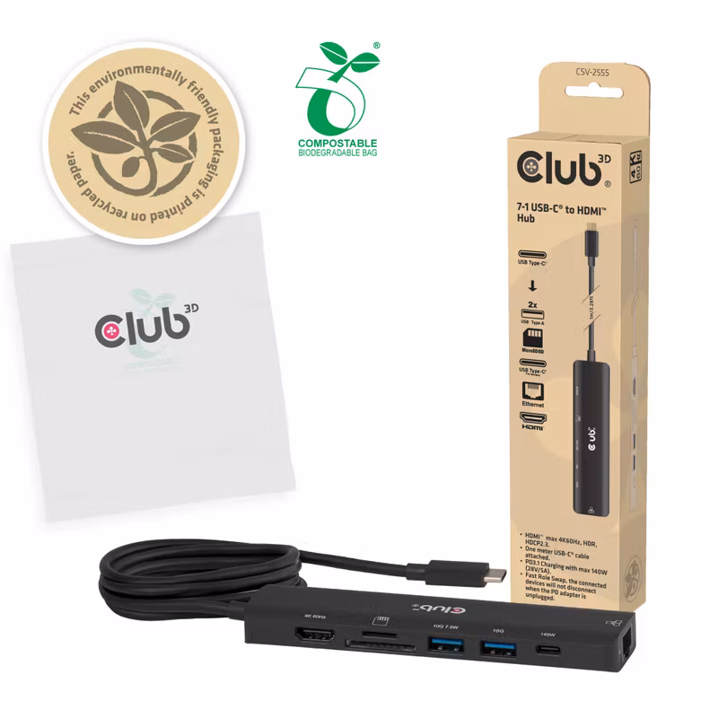 Club 3D CSV-2555 7-i-1 USB-C-hubb med HDMI 4K 60 Hz och PD 3.1 140 W Svart