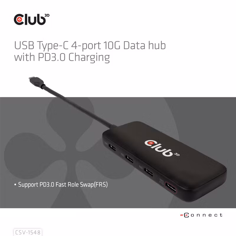 Club 3D CSV-1548 USB-C-hubb med 4 portar 10 Gbps och 100 W PD Svart