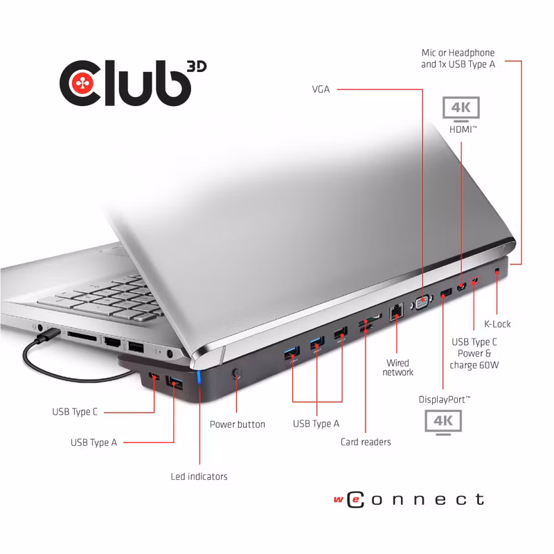 Club 3D CSV-1564W100 USB-C-dockningsstation för tre skärmar med 100 W nätadapter Svart
