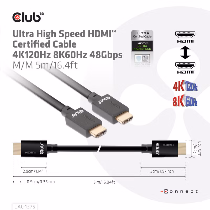 Club 3D CAC-1375 Ultra High Speed HDMI 2.1-kabel 4K 120 Hz 8K 60 Hz 5 m Svart