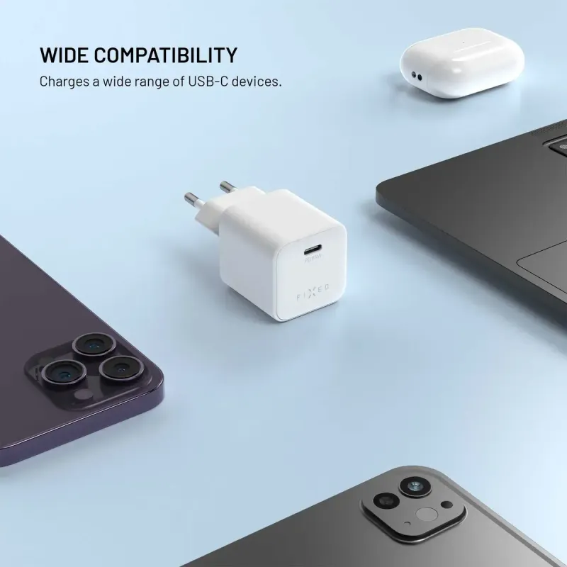 FIXED Mini FIXCG65M-CC-WH 65 W GaN USB-C Väggladdare med 2 m kabel Vit