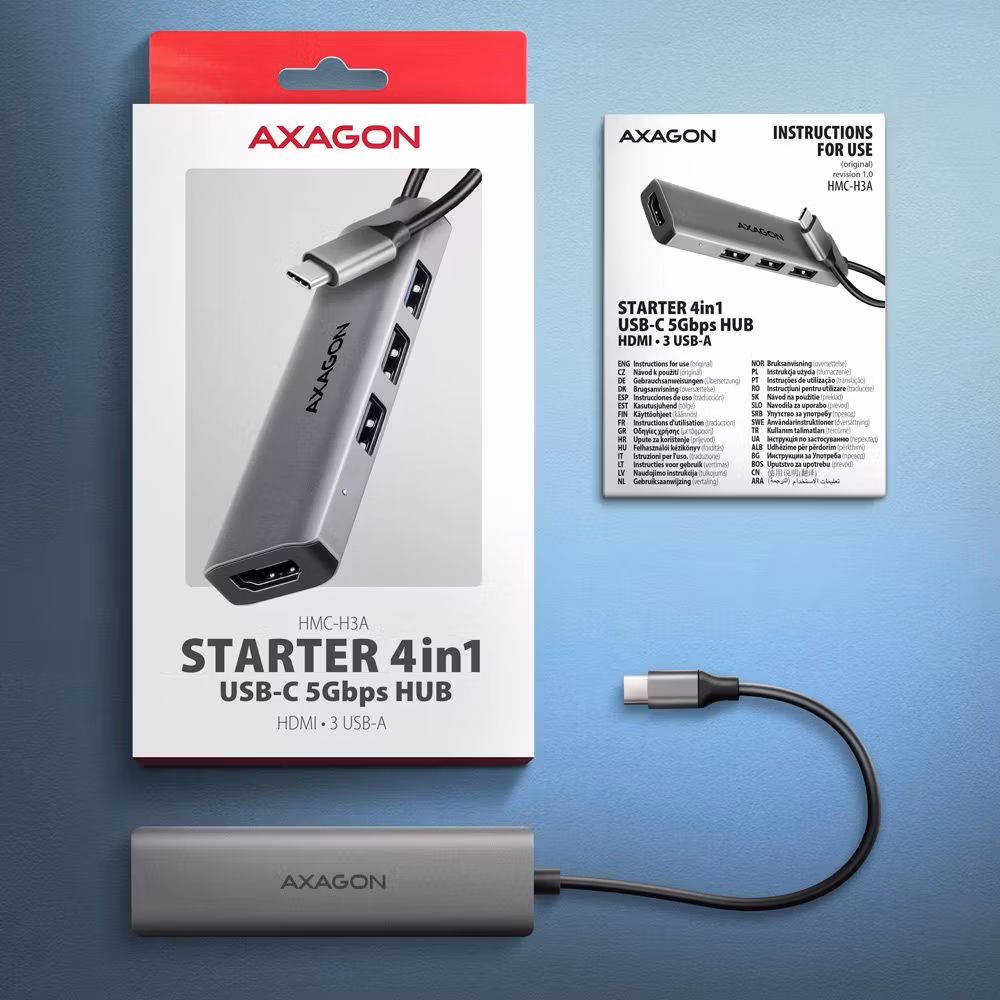 AXAGON HMC-H3A STARTER 4-i-1 USB-C-hubb med HDMI 4K
