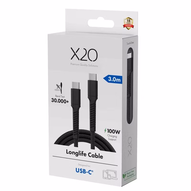X2O Longlife 100 W USB-C till USB-C-kabel 3 m Svart