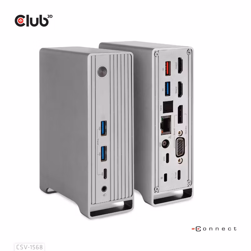 Club 3D CSV-1568 USB-C-dockningsstation 10 Gbit/s för tre skärmar med 120 W nätadapter Grey