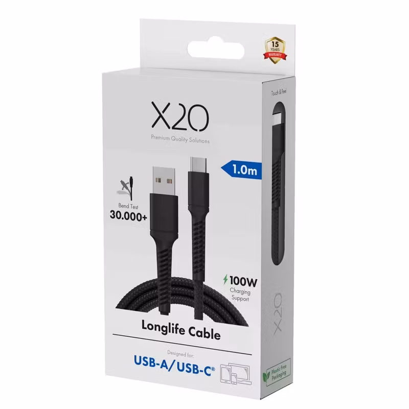 X2O Longlife USB-A till USB-C-kabel 60 W 1 m Svart