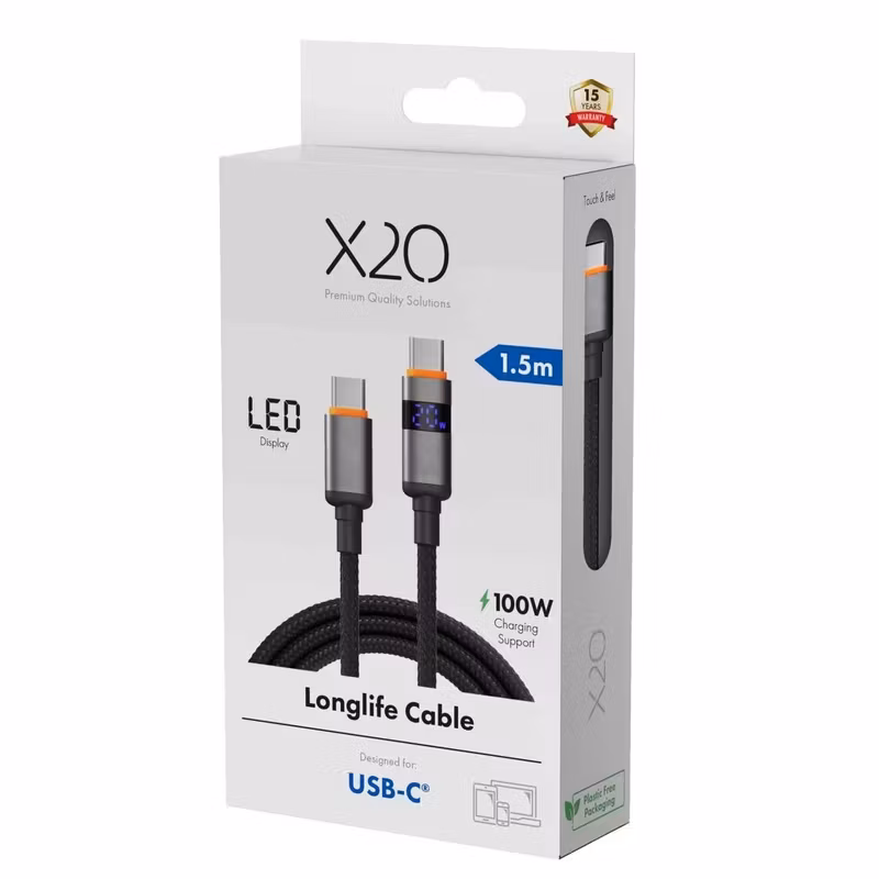 X2O Longlife 100 W USB-C till USB-C-kabel med LED-display 1,5 m Svart