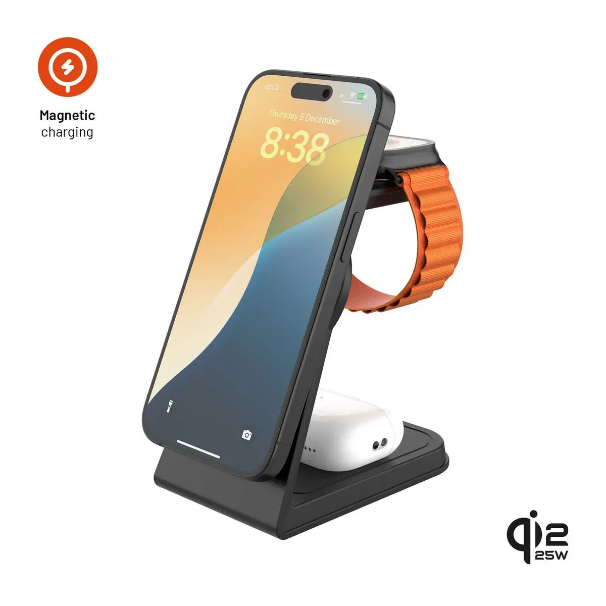 FIXED MagPowerstation Alu 3 FIXMPOS-AL3-BK 25 W Qi2.2 3-i-1 Trådlös laddstation för iPhone och Apple Watch Svart