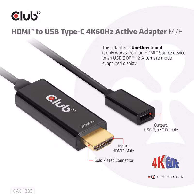 Club 3D CAC-1333 HDMI till USB-C-adapterkabel 4K 60 Hz 22 cm Svart