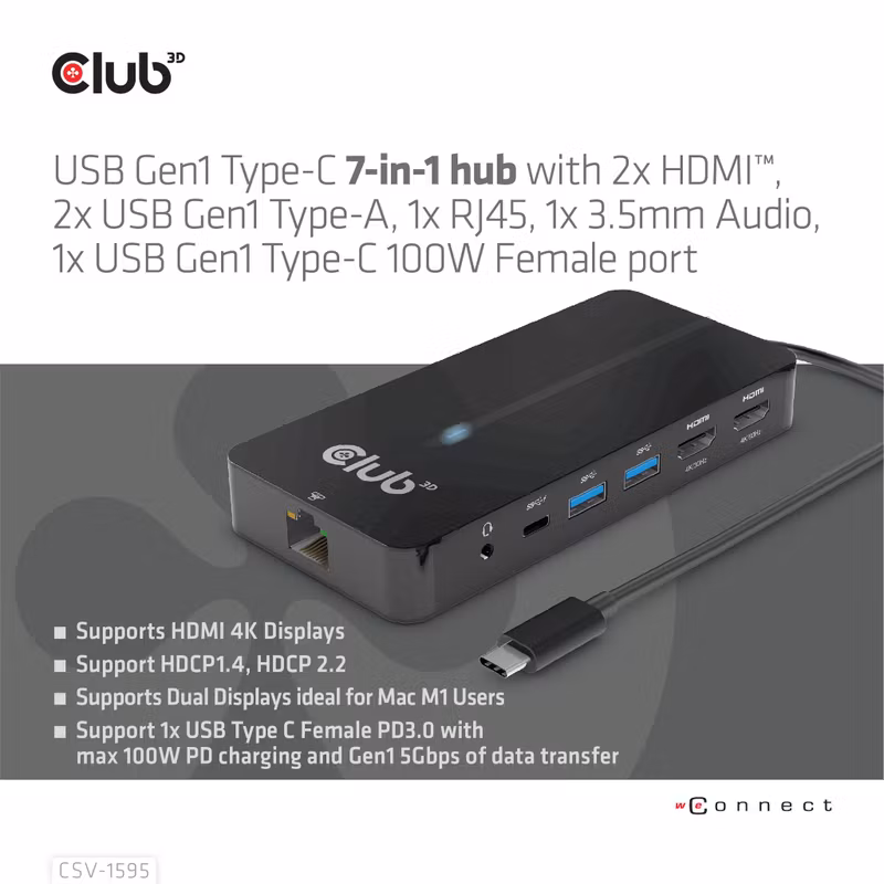 Club 3D CSV-1595 7-i-1 USB-C-dockningsstation med 2 × HDMI och 100 W PD Svart