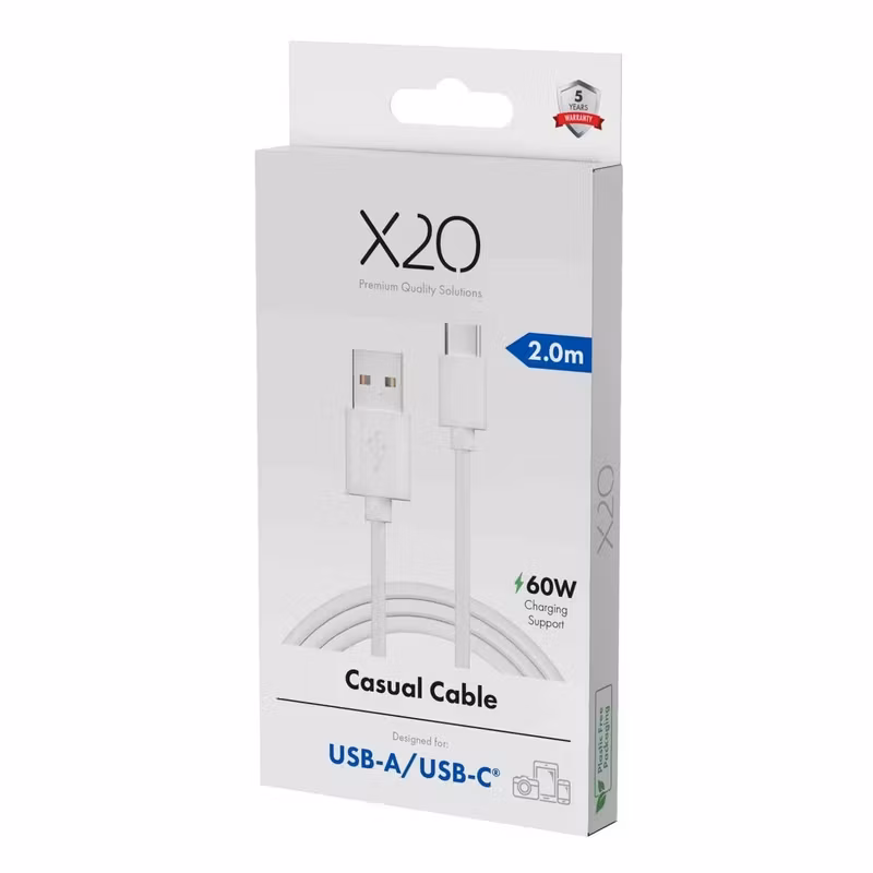 X2O Basic USB-A/C 60 W-kabel 2 m Vit