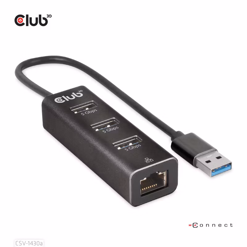 Club 3D CSV-1430A 4-i-1 USB 3.2 Gen 1-hubb med 3 × USB-A och Gigabit Ethernet Svart