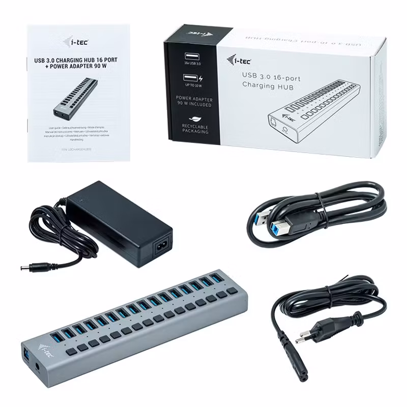 i-tec U3CHARGEHUB16 USB 3.2 Gen 1-hubb 16 portar med laddning och 90 W nätadapter Grå