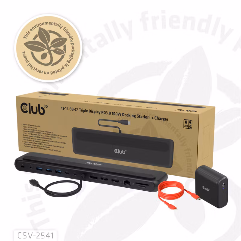 Club 3D CSV-2541 12-i-1 USB-C-dockningsstation för tre skärmar med 100 W PD