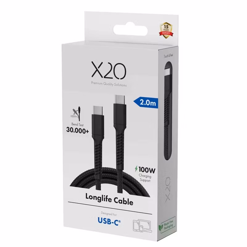 X2O Longlife 100 W USB-C till USB-C-kabel 2 m Svart