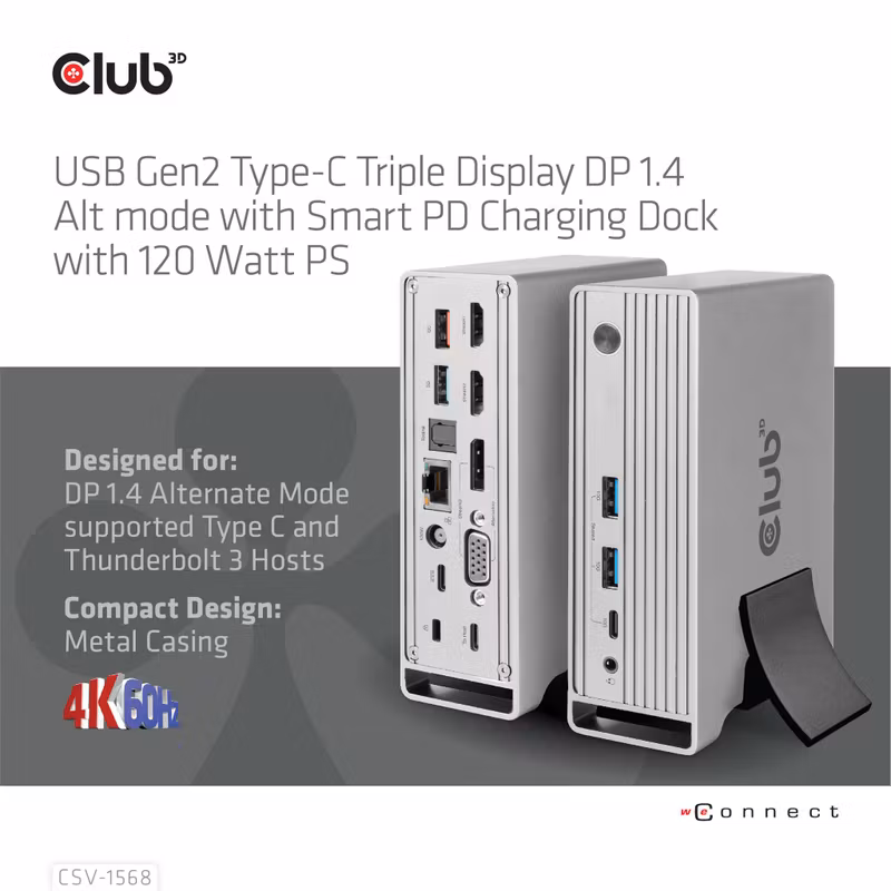Club 3D CSV-1568 USB-C-dockningsstation 10 Gbit/s för tre skärmar med 120 W nätadapter Grey