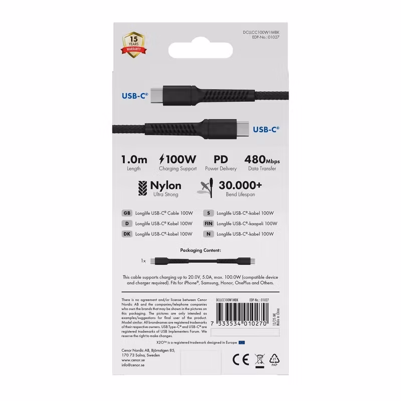 X2O Longlife 100 W USB-C till USB-C-kabel 1 m Svart