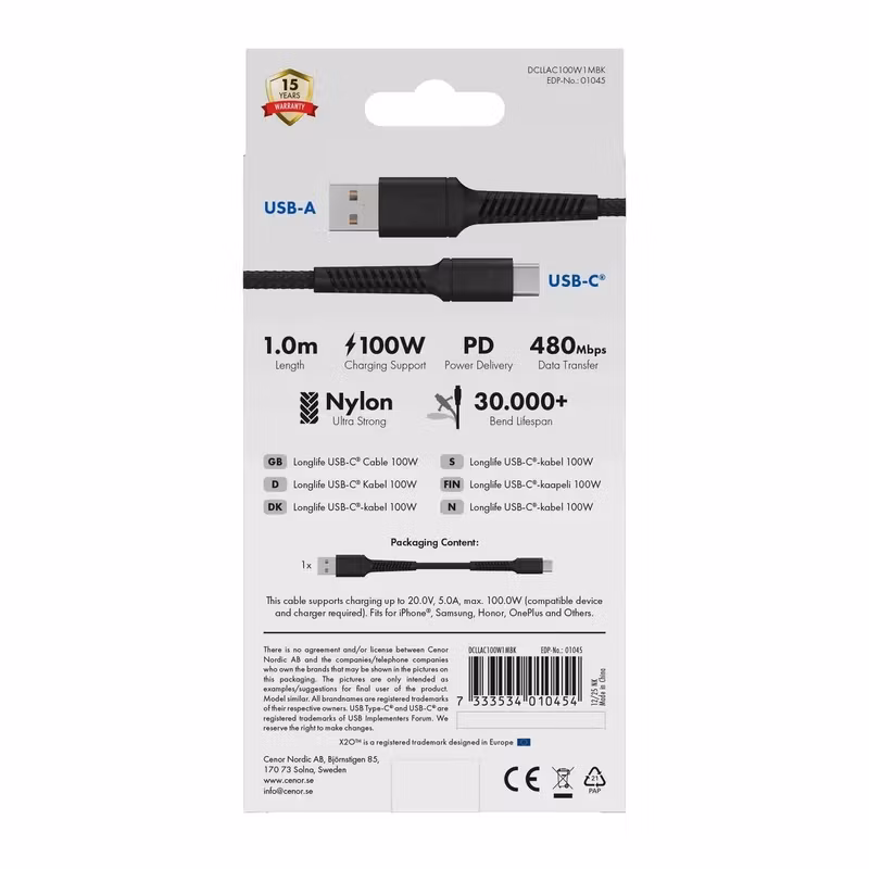 X2O Longlife USB-A till USB-C-kabel 60 W 1 m Svart