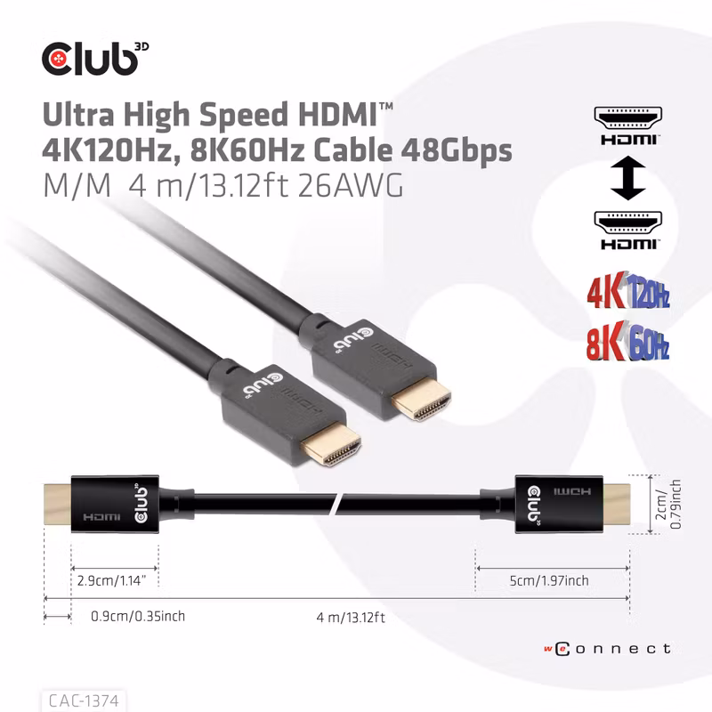 Club 3D CAC-1374 Ultra High Speed HDMI 2.1-kabel 4K 120 Hz 8K 60 Hz 4 m Svart