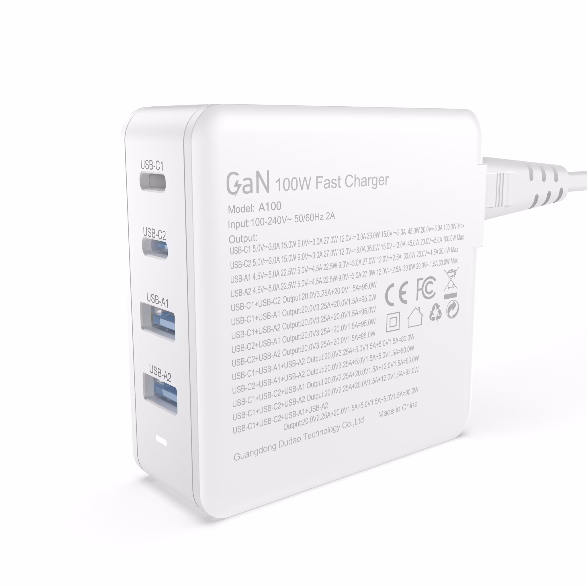 Dudao A100EU snabbladdare 100Watt GaN 2xUSB-C + 2xUSB-A