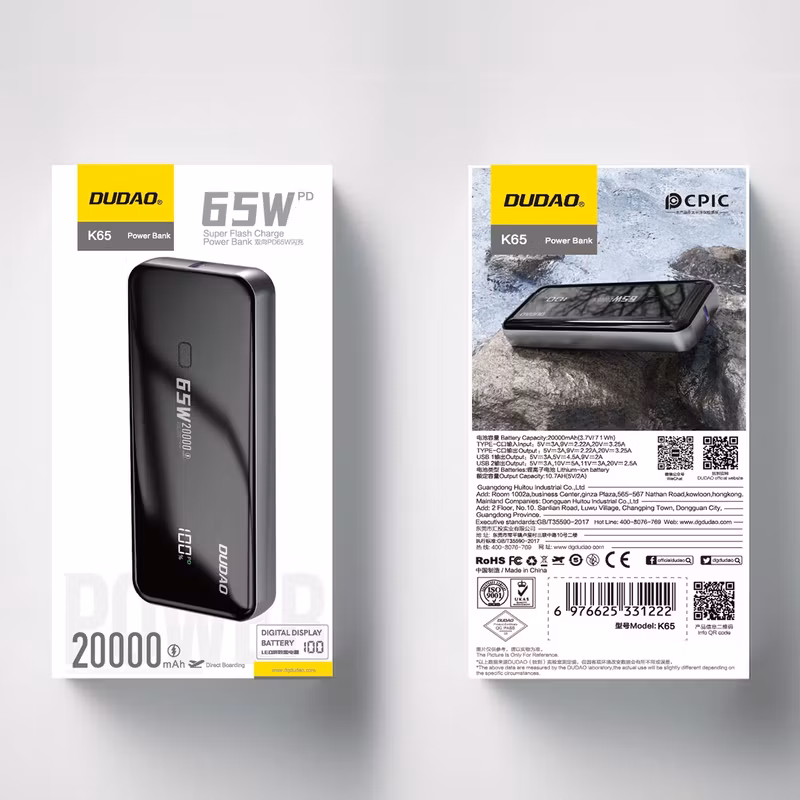 Dudao K65 powerbank 20000mAh 65 Watt svart