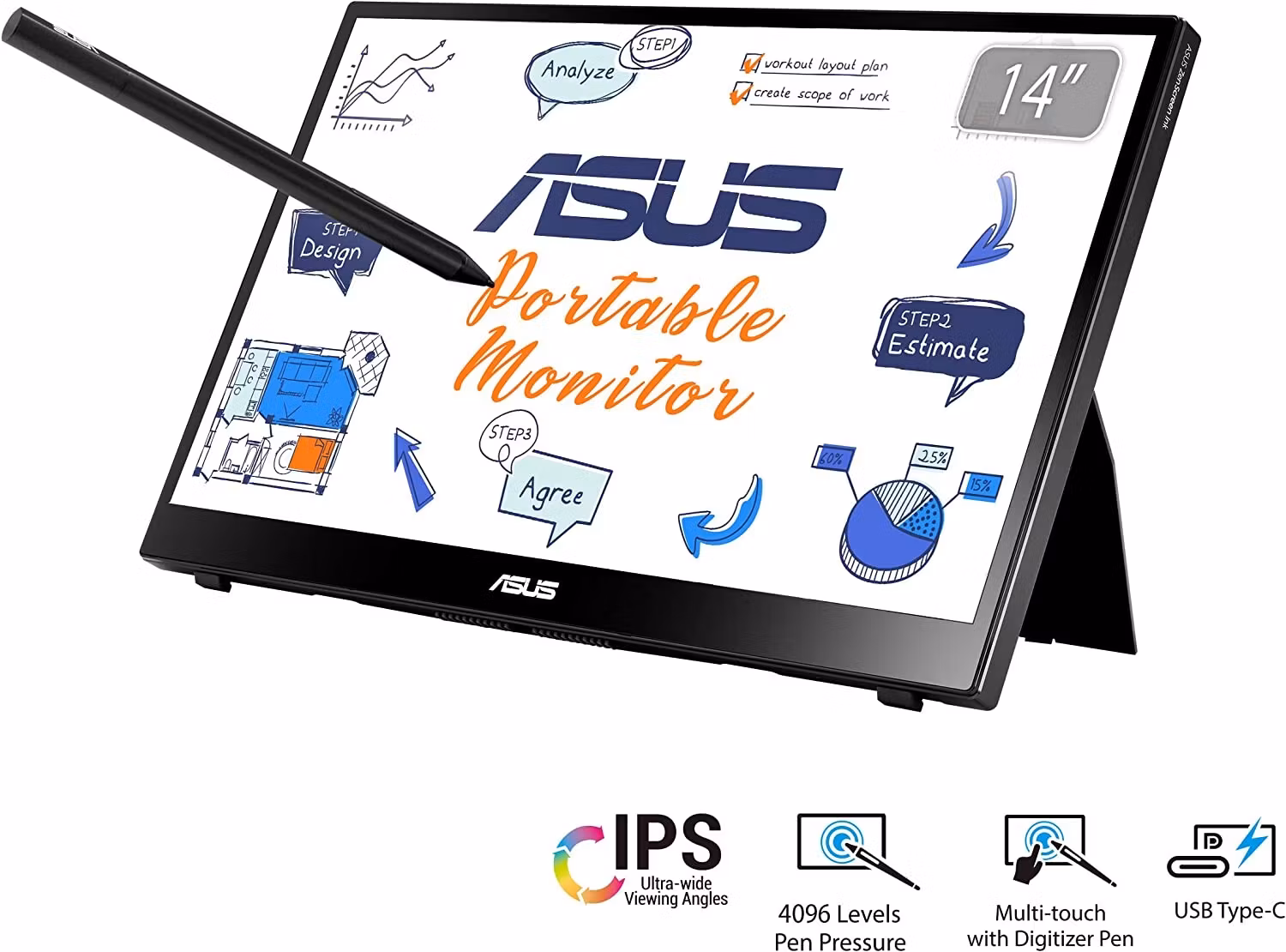 ASUS ZenScreen MB14AHD - 14 - LED - black, FullHD, touchscreen, HDMI, USB-C