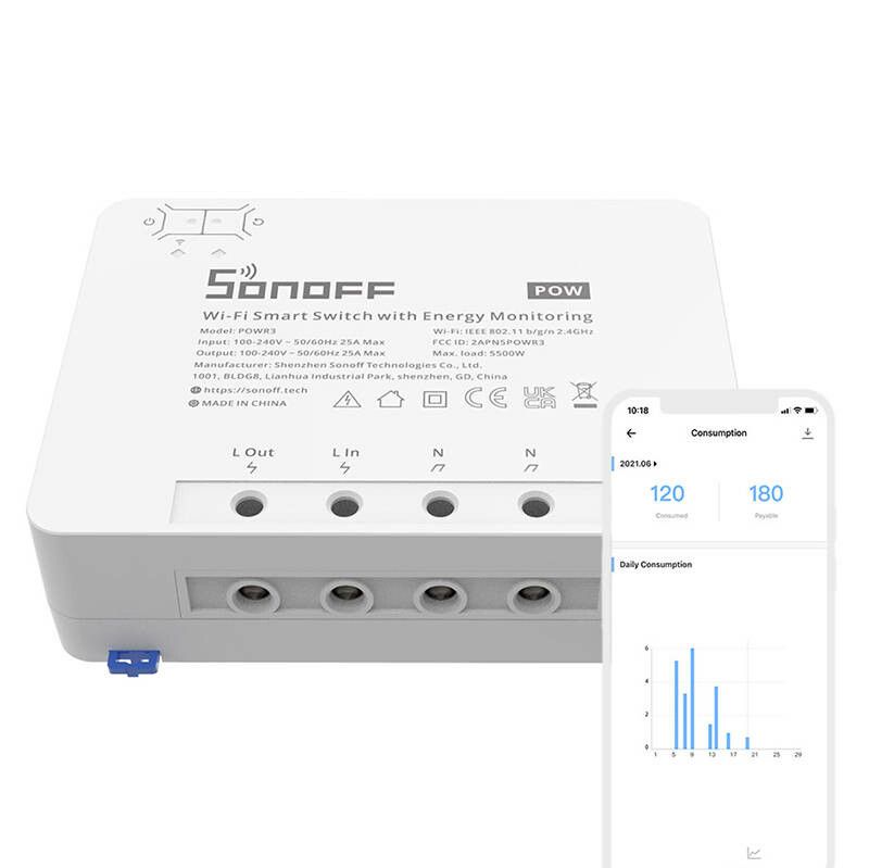 Sonoff POWR3 Smart strömställare 100-240 V 50 / 60 hz 25 A 162 mm Vit
