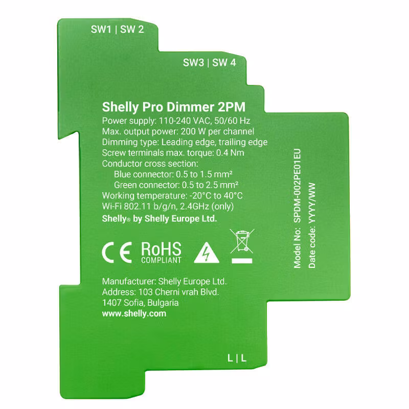 Shelly Pro Dimmer 2 2-kanals DIN-skenmonterad dimmer