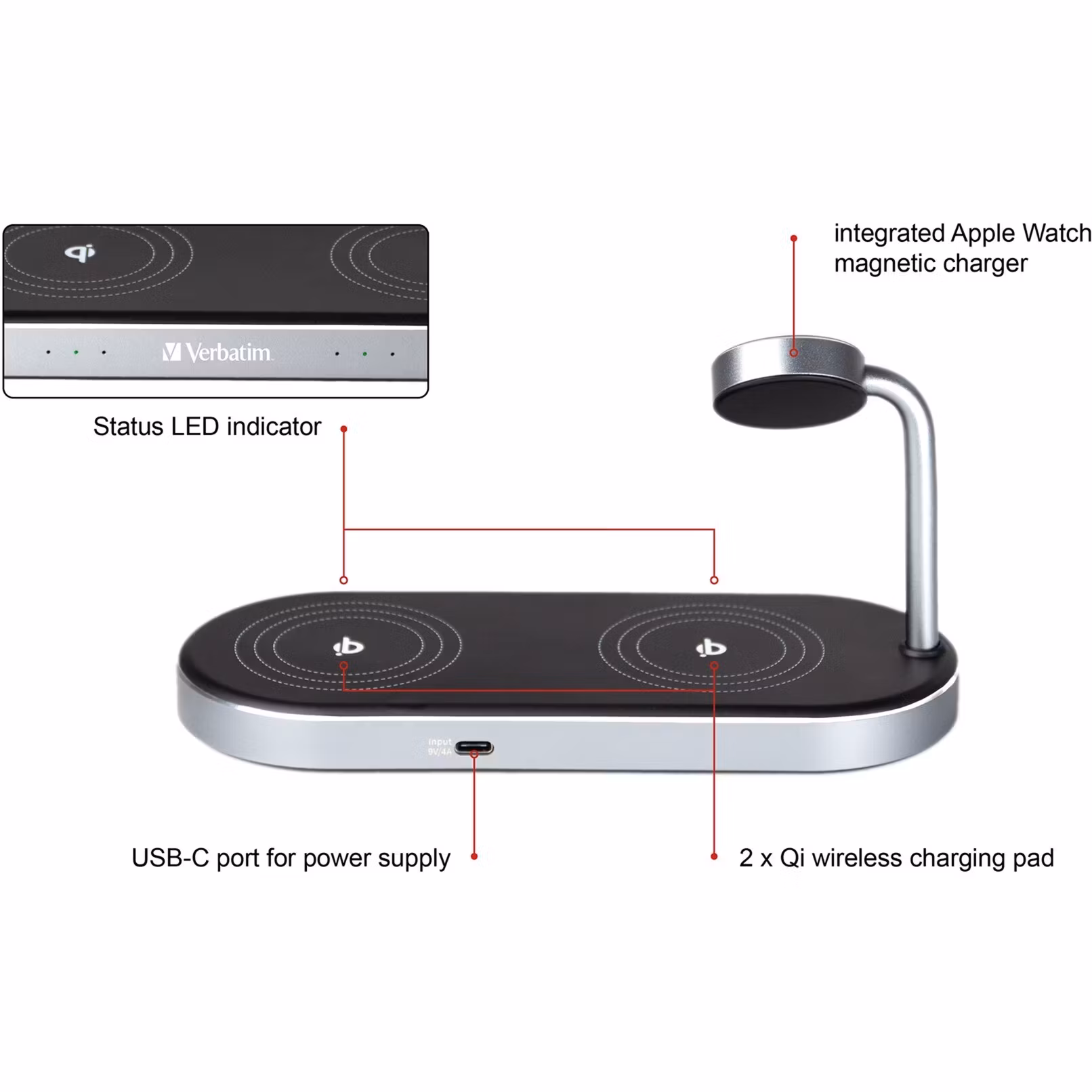 Verbatim Wireless 3-in-1 charging stand WCS-03, Qi, MFi, charging station (black/aluminum, for Apple Watch, iPhone, etc.)