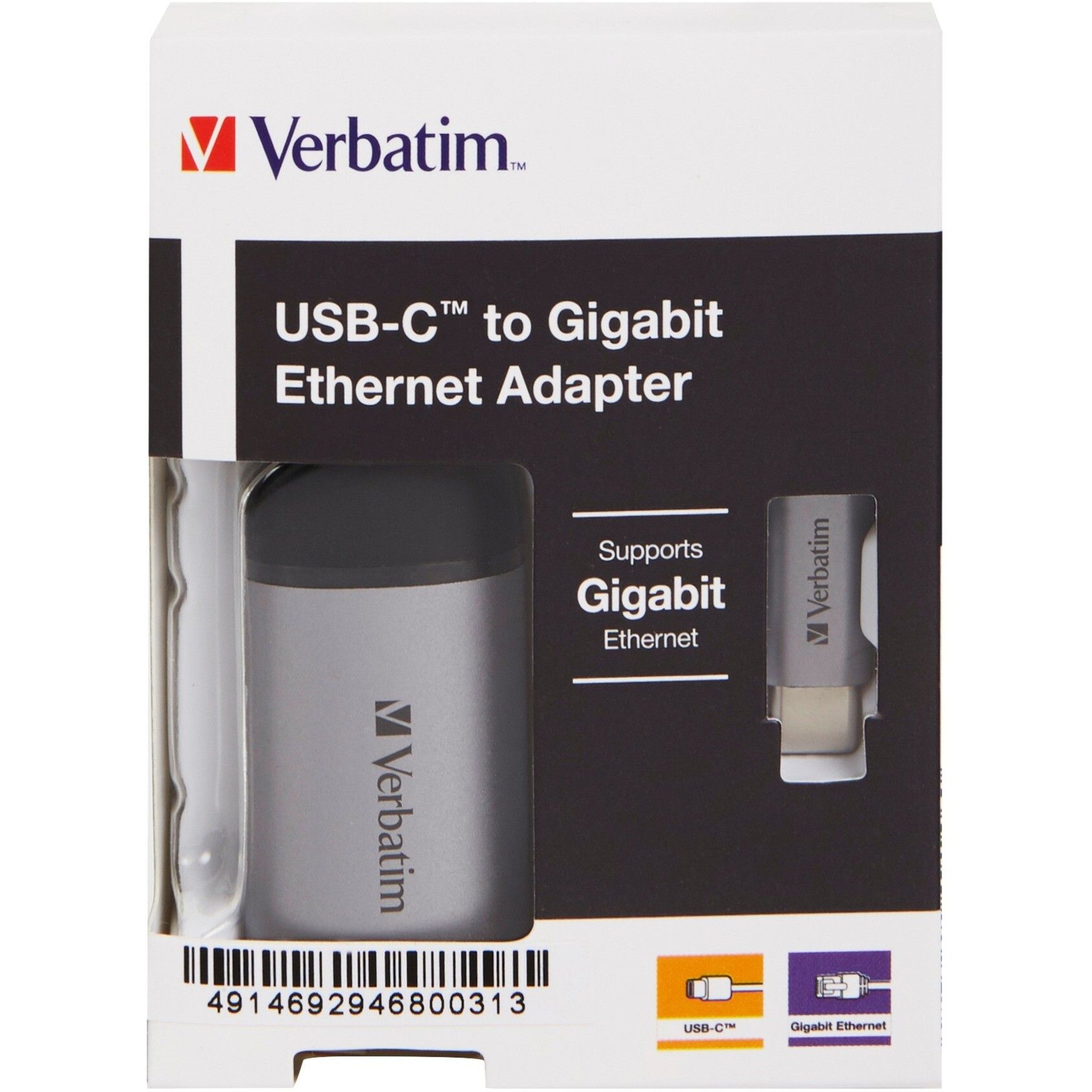 Verbatim USB 3.2 Gen 1 adapter, USB-C male > RJ-45 female (silver/black, 10cm, Gigabit LAN 10/100/1,000 Mbit/s)